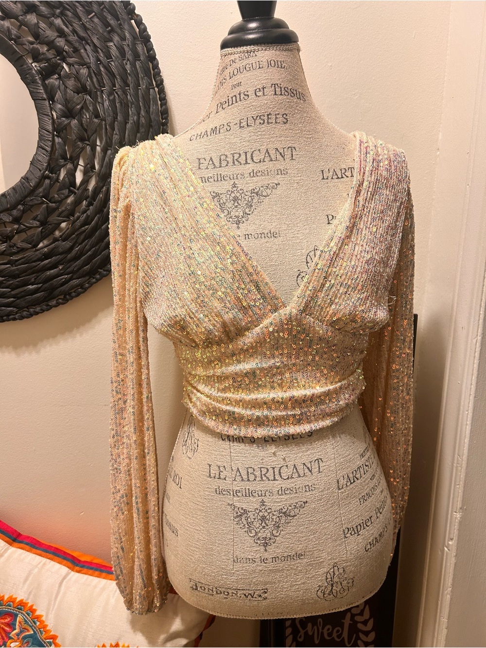 Papaya Shimmery Gold Sequin Long Sleeve Cropped Top